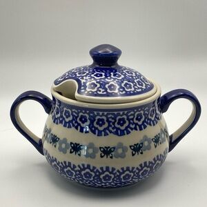 Polish Pottery Manufaktura Sugar Bowl w/ Lid & Spoon Slot #111 SIGNED K. Tabiś